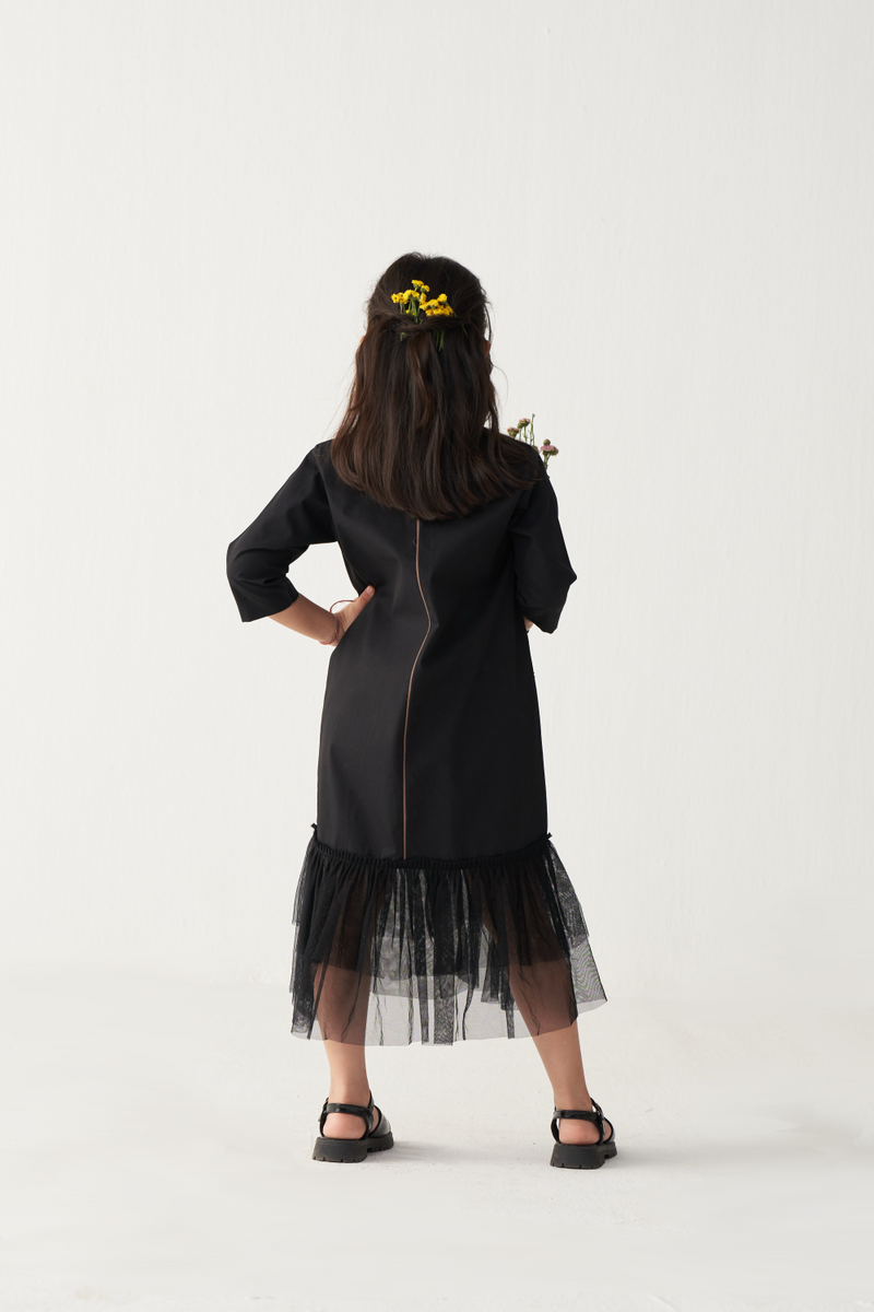 KIDS POPPY APPLIQUE FRILL DRESS-BLACK poplin by THREE Kids for kids in Singapore