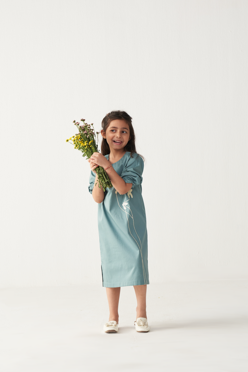 KIDS POPPY APPLIQUE DRESS-NIAGARA BLUE poplin by THREE Kids for kids in Singapore