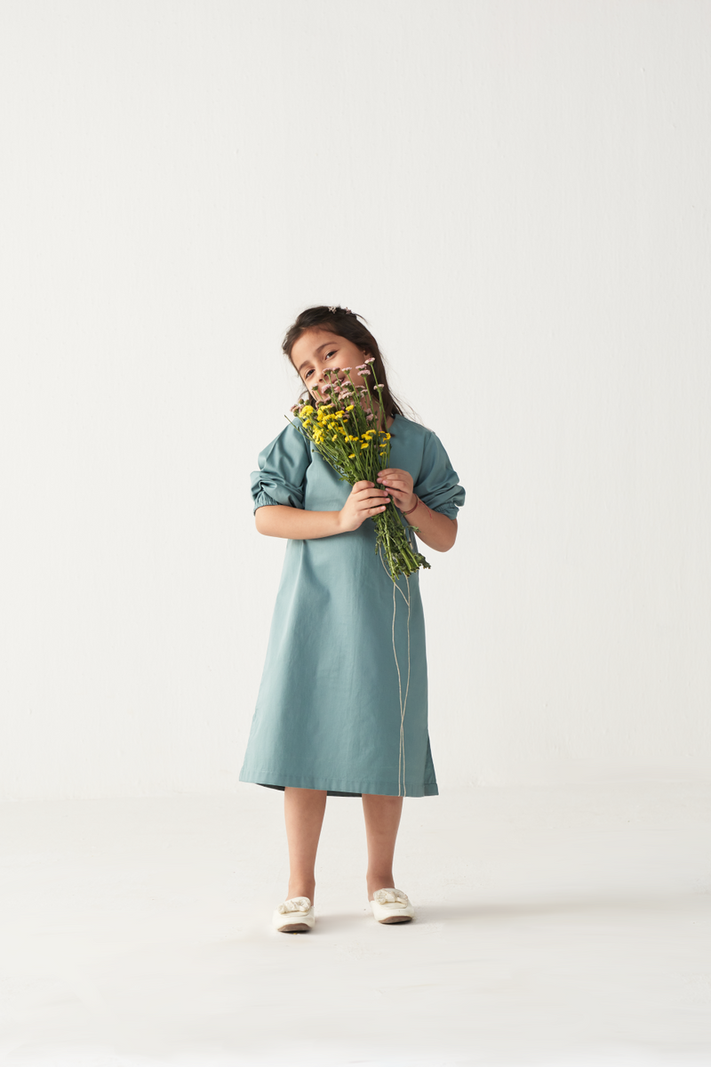 KIDS POPPY APPLIQUE DRESS-NIAGARA BLUE poplin by THREE Kids for kids in Singapore