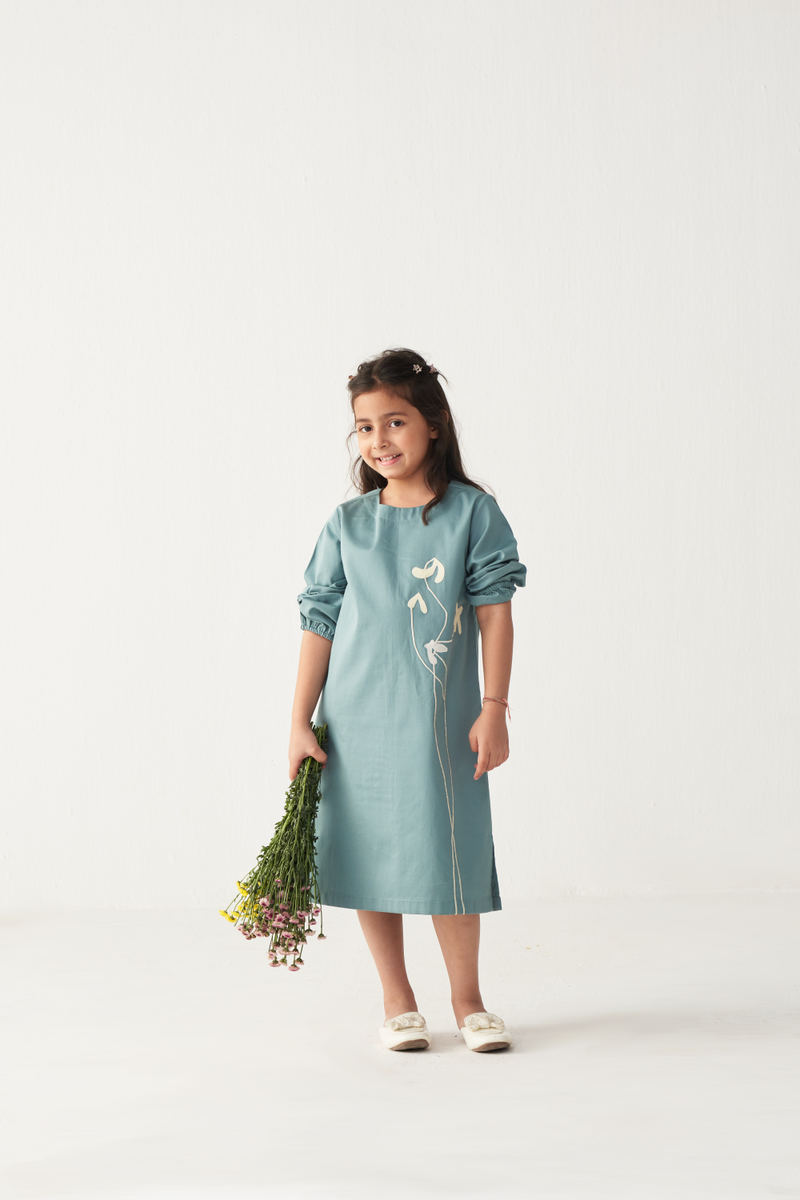 KIDS POPPY APPLIQUE DRESS-NIAGARA BLUE poplin by THREE Kids for kids in Singapore