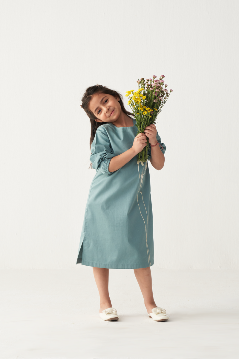 KIDS POPPY APPLIQUE DRESS-NIAGARA BLUE poplin by THREE Kids for kids in Singapore