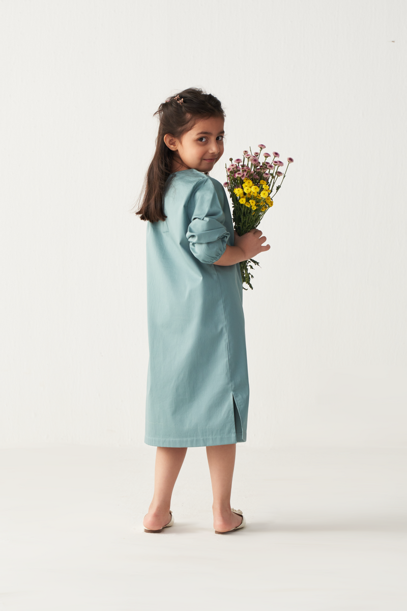 KIDS POPPY APPLIQUE DRESS-NIAGARA BLUE poplin by THREE Kids for kids in Singapore