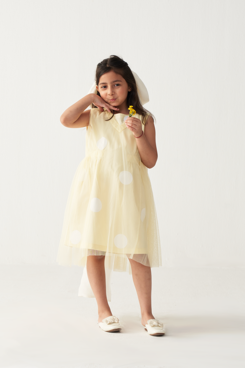 KIDS SIDE ELASTIC DRESS + NET SLIP-LEMON poplin by THREE Kids for kids in Singapore