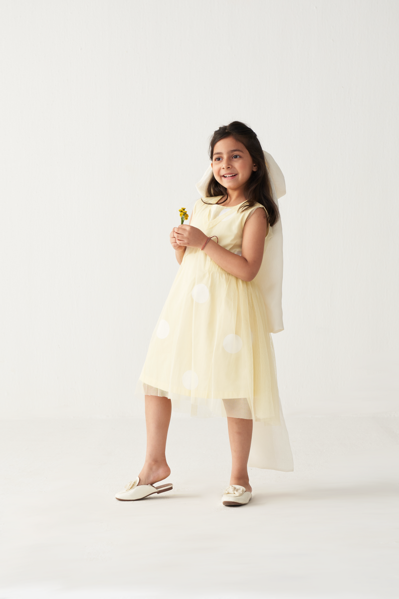 KIDS SIDE ELASTIC DRESS + NET SLIP-LEMON poplin by THREE Kids for kids in Singapore