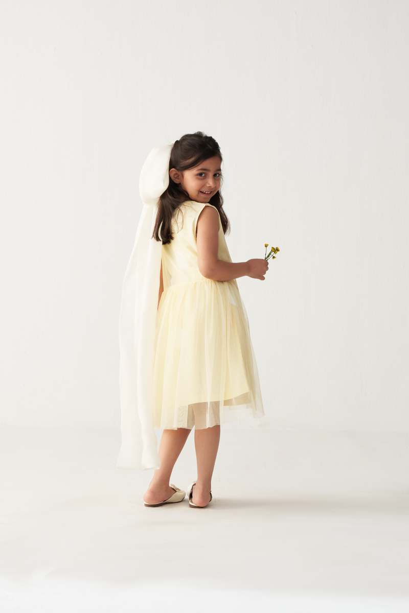 KIDS SIDE ELASTIC DRESS + NET SLIP-LEMON poplin by THREE Kids for kids in Singapore