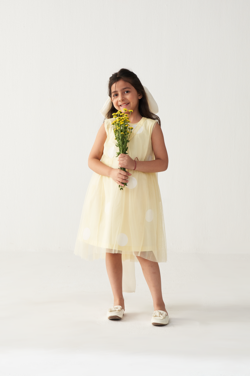 KIDS SIDE ELASTIC DRESS + NET SLIP-LEMON poplin by THREE Kids for kids in Singapore