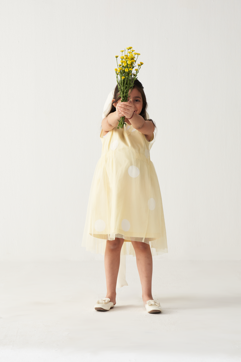 KIDS SIDE ELASTIC DRESS + NET SLIP-LEMON poplin by THREE Kids for kids in Singapore