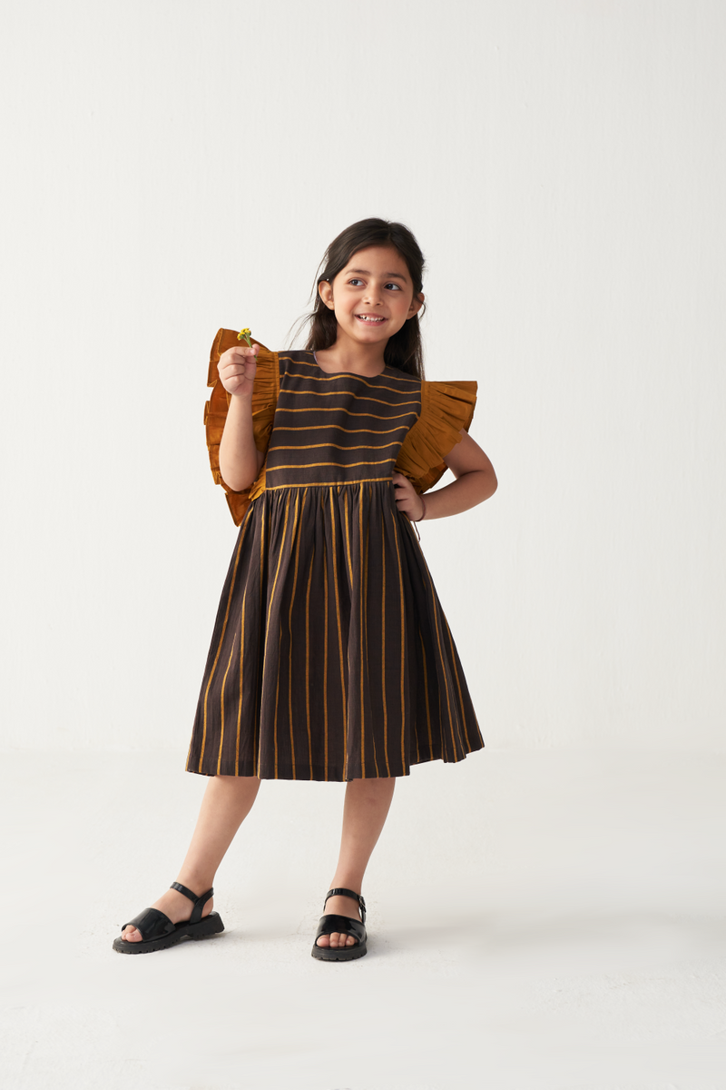 KIDS FRILL SLEEVE DRESS-CHARCOAL/MUSTARD poplin by THREE Kids for kids in Singapore