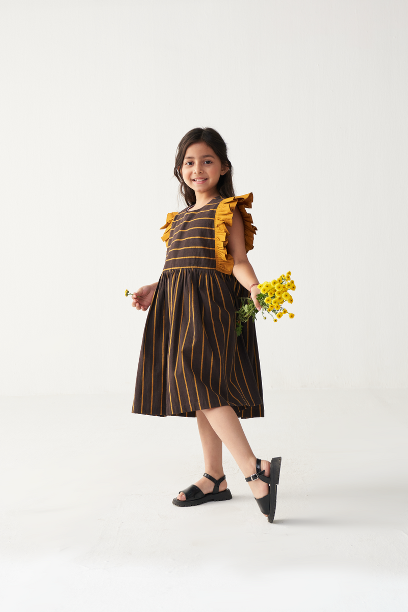 KIDS FRILL SLEEVE DRESS-CHARCOAL/MUSTARD poplin by THREE Kids for kids in Singapore