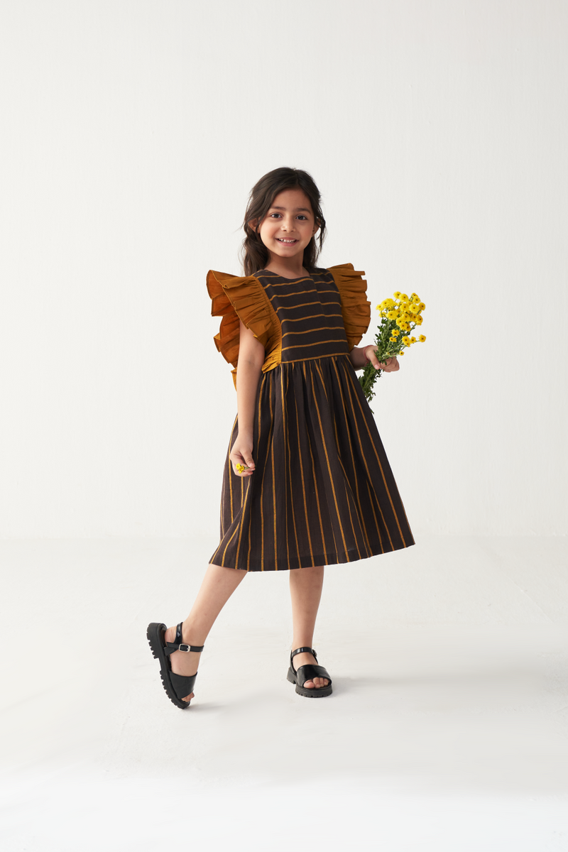 KIDS FRILL SLEEVE DRESS-CHARCOAL/MUSTARD poplin by THREE Kids for kids in Singapore