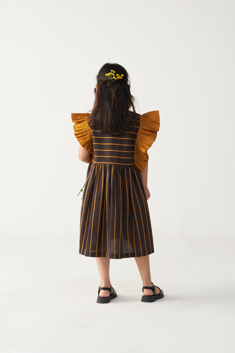 KIDS FRILL SLEEVE DRESS-CHARCOAL/MUSTARD poplin by THREE Kids for kids in Singapore