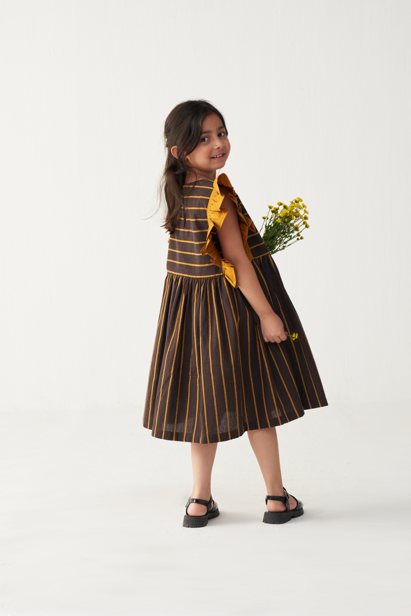 KIDS FRILL SLEEVE DRESS-CHARCOAL/MUSTARD poplin by THREE Kids for kids in Singapore