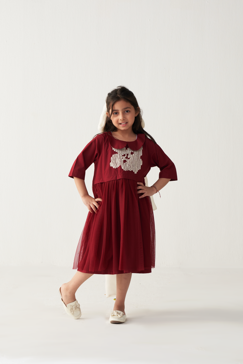 KIDS PETER PAN COLLAR DRESS-CRIMSON RED poplin by THREE Kids for kids in Singapore