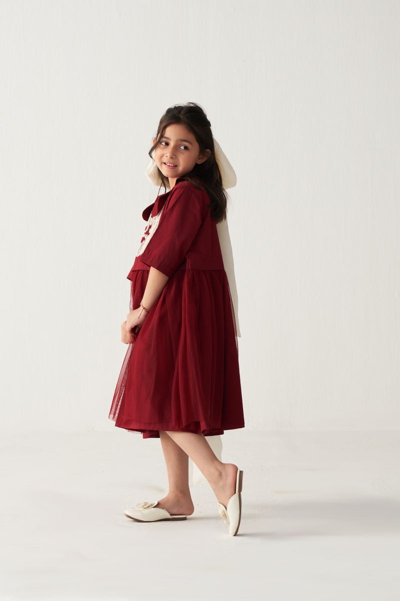 KIDS PETER PAN COLLAR DRESS-CRIMSON RED poplin by THREE Kids for kids in Singapore