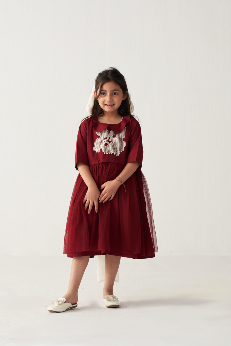 KIDS PETER PAN COLLAR DRESS-CRIMSON RED poplin by THREE Kids for kids in Singapore