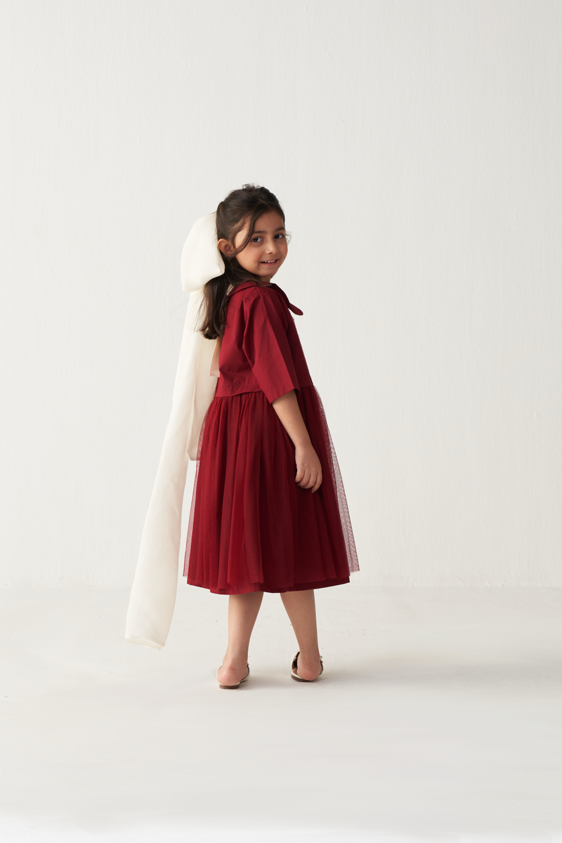 KIDS PETER PAN COLLAR DRESS-CRIMSON RED poplin by THREE Kids for kids in Singapore