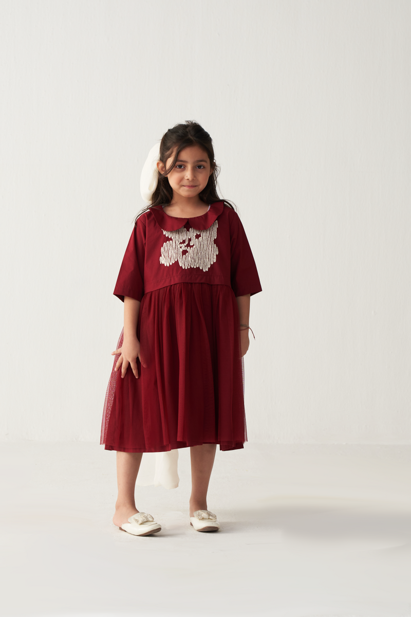 KIDS PETER PAN COLLAR DRESS-CRIMSON RED poplin by THREE Kids for kids in Singapore