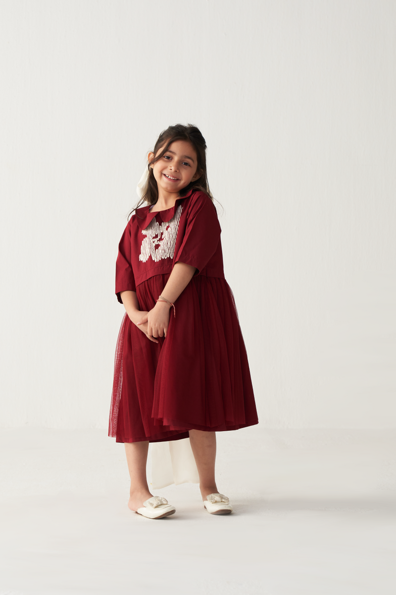 KIDS PETER PAN COLLAR DRESS-CRIMSON RED poplin by THREE Kids for kids in Singapore