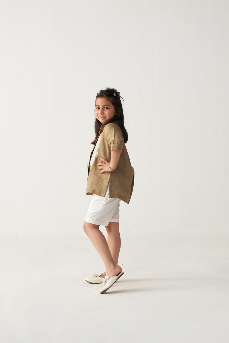 KIDS EMB. FLORAL SHIRT-SAND linen by THREE Kids for kids in Singapore