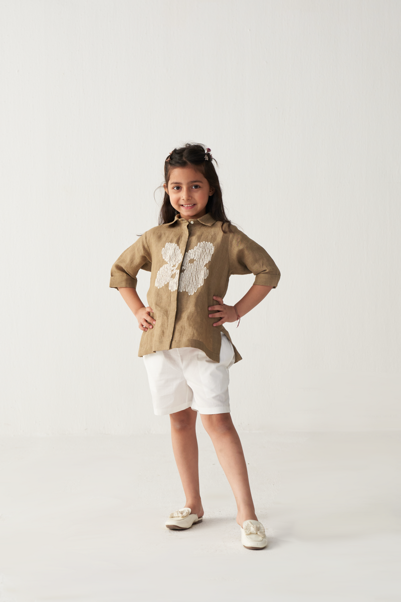 KIDS EMB. FLORAL SHIRT-SAND linen by THREE Kids for kids in Singapore