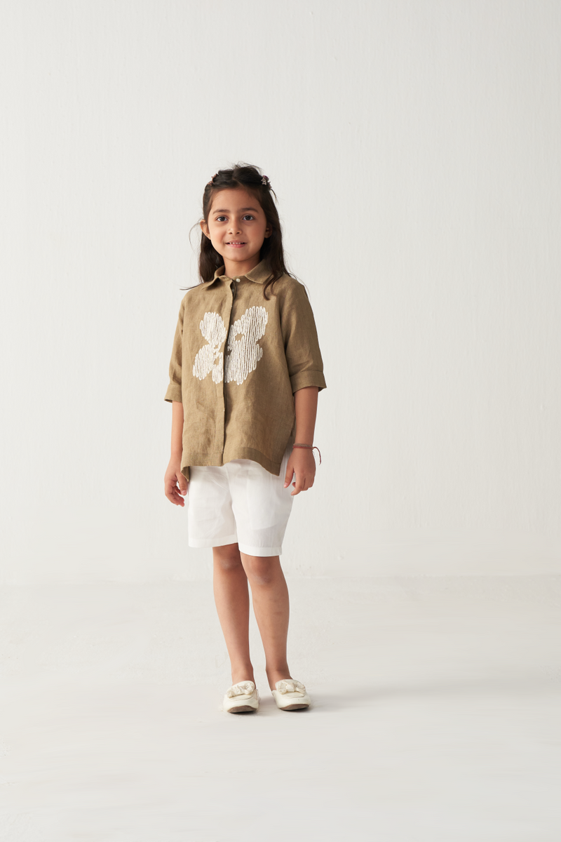 KIDS EMB. FLORAL SHIRT-SAND linen by THREE Kids for kids in Singapore
