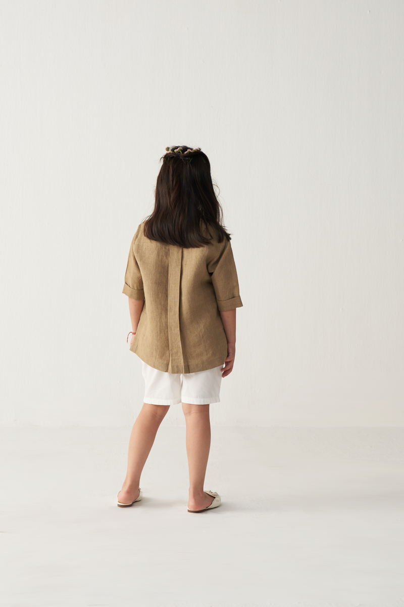 KIDS EMB. FLORAL SHIRT-SAND linen by THREE Kids for kids in Singapore