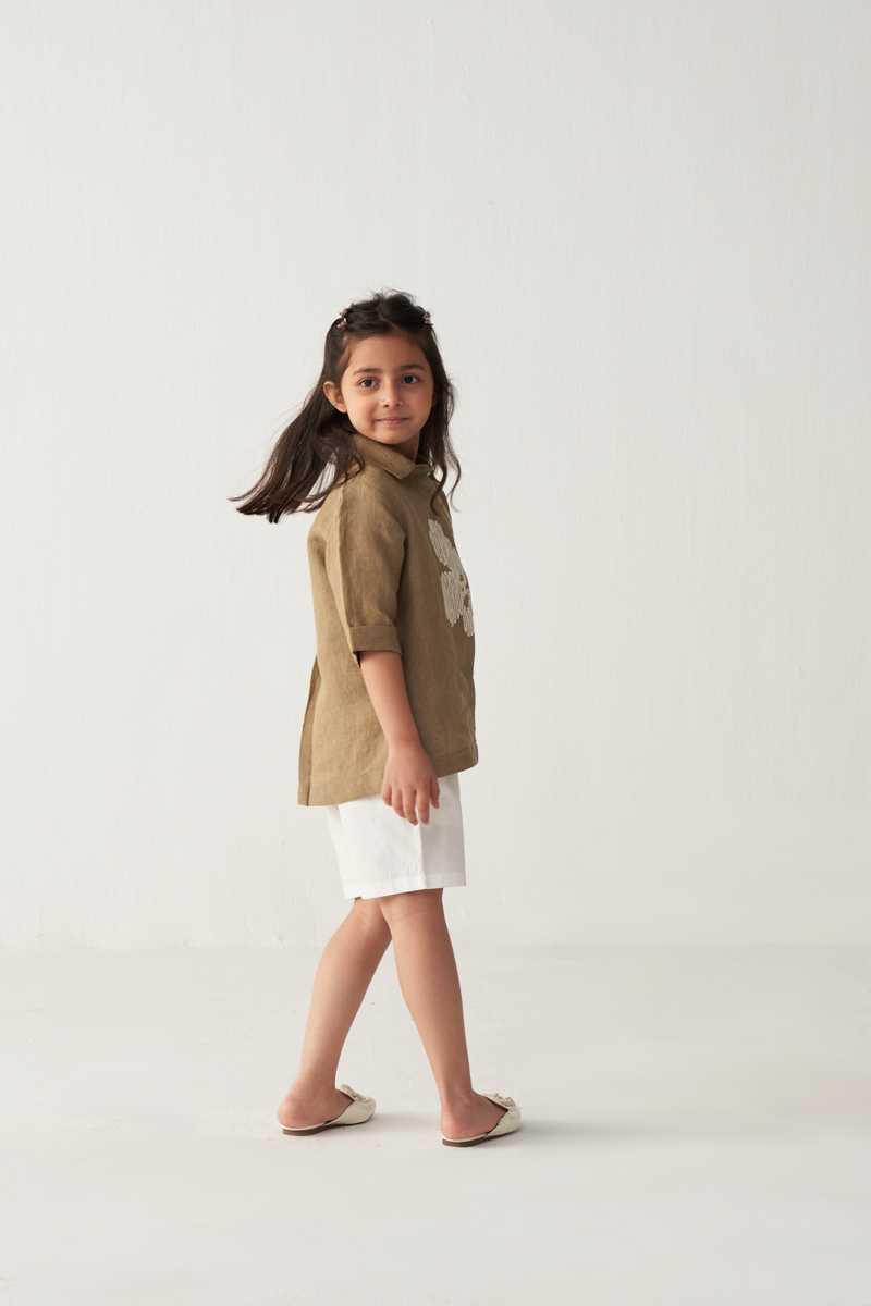 KIDS EMB. FLORAL SHIRT-SAND linen by THREE Kids for kids in Singapore