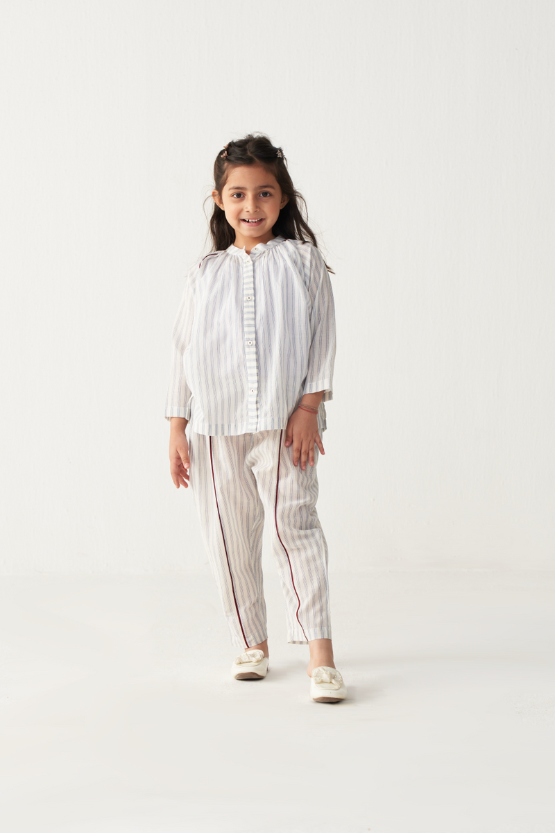 KIDS GATHER NECK SHIRT-WHITE & BLUE mul by THREE Kids for kids in Singapore