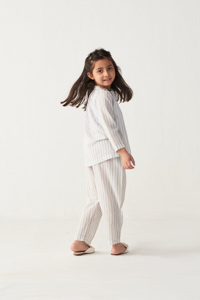 KIDS GATHER NECK SHIRT-WHITE & BLUE mul by THREE Kids for kids in Singapore