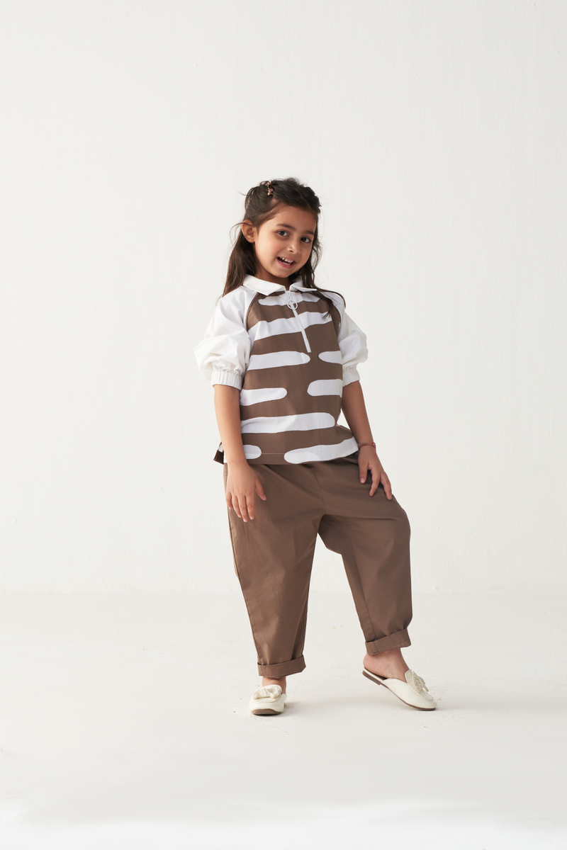 KIDS ABSTRACT APPLIQUE TOP (CO-ORD)-CEDAR & WHITE poplin by THREE Kids for kids in Singapore