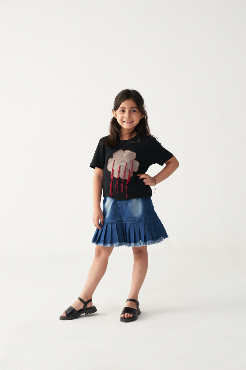 KIDS FLORAL FRINGE T-SHIRT-BLACK cotton by THREE Kids for kids in Singapore