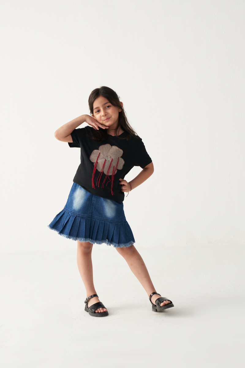 KIDS FLORAL FRINGE T-SHIRT-BLACK cotton by THREE Kids for kids in Singapore