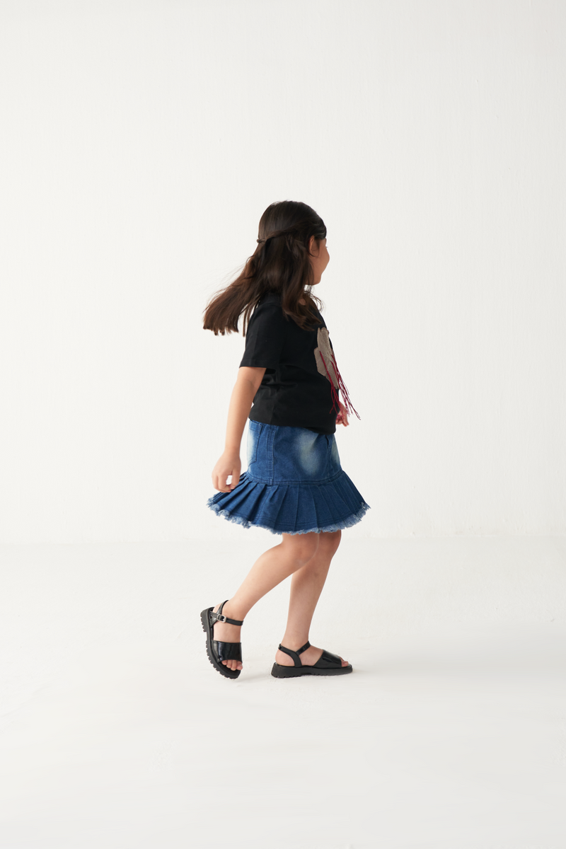 KIDS FLORAL FRINGE T-SHIRT-BLACK cotton by THREE Kids for kids in Singapore