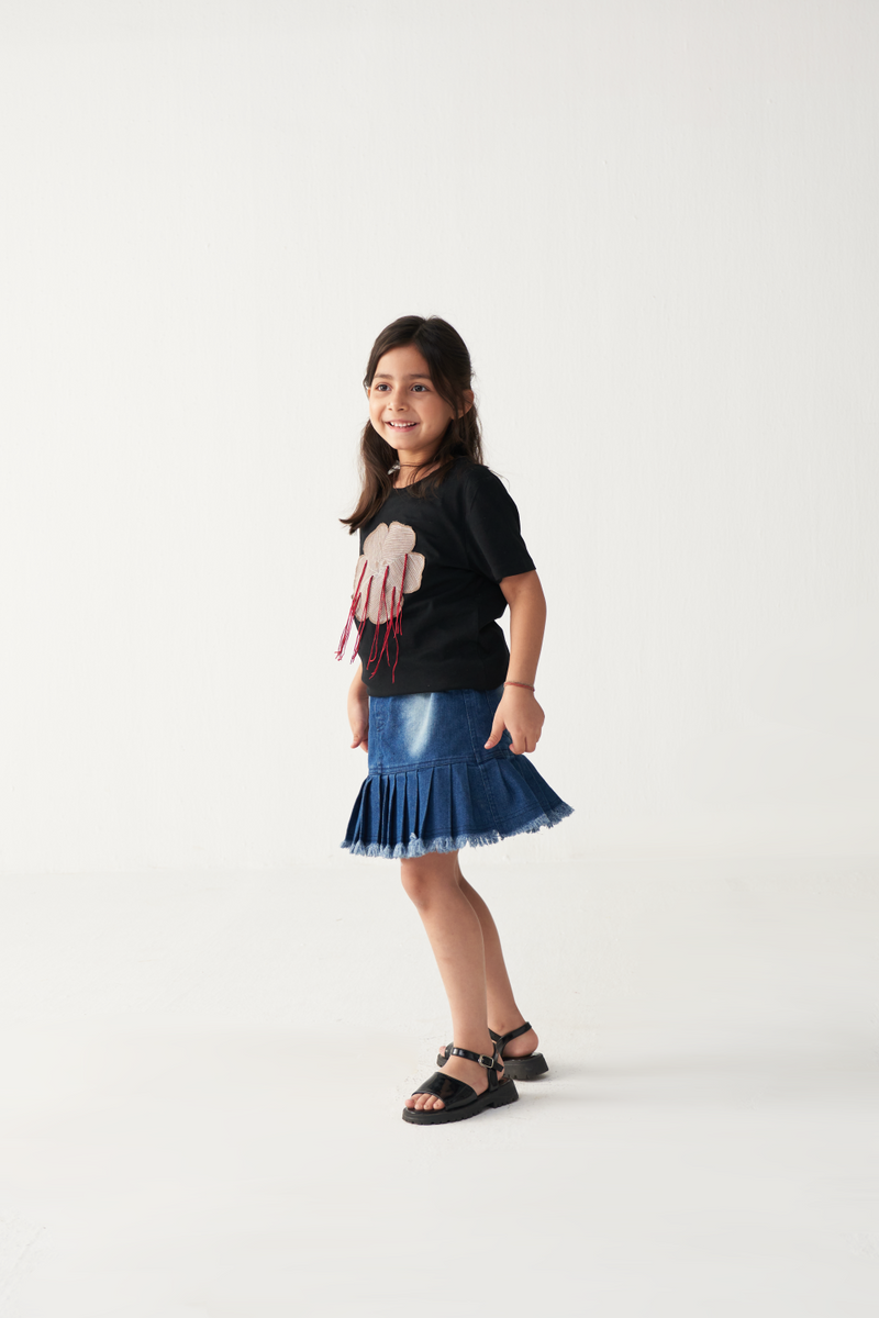 KIDS FLORAL FRINGE T-SHIRT-BLACK cotton by THREE Kids for kids in Singapore