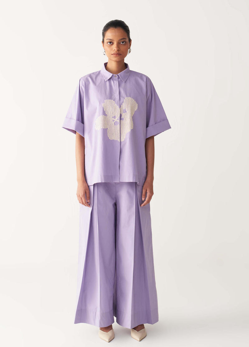 FLORAL EMB. SHIRT-LAVENDER poplin by THREE for women in Singapore