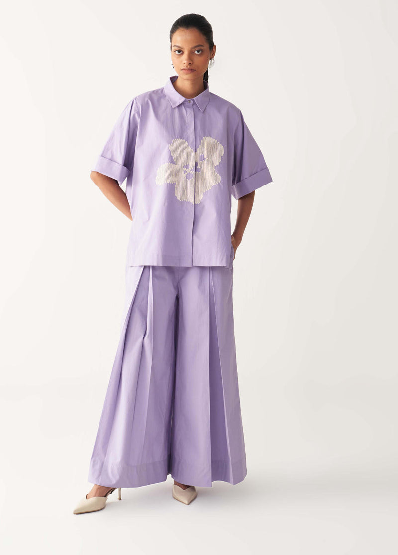 FLORAL EMB. SHIRT-LAVENDER poplin by THREE for women in Singapore