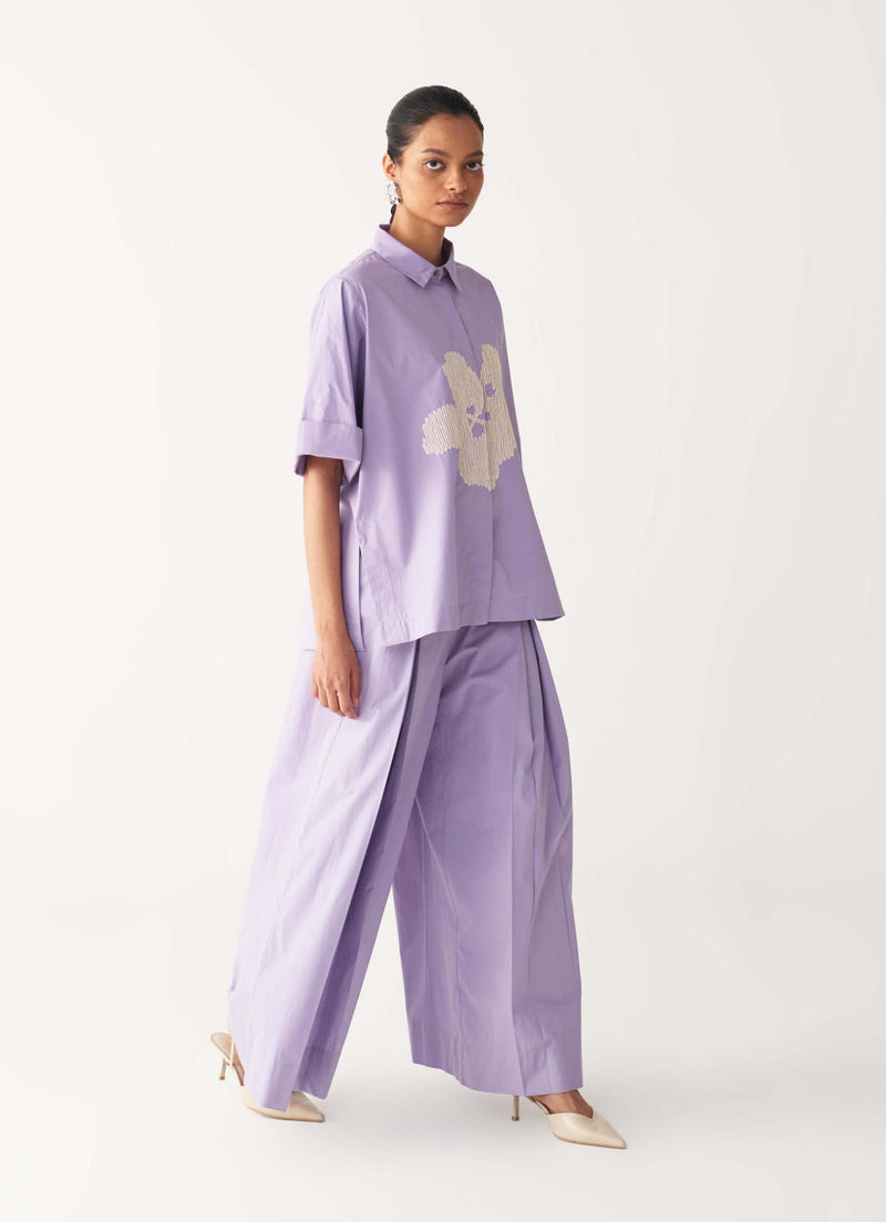FLORAL EMB. SHIRT-LAVENDER poplin by THREE for women in Singapore