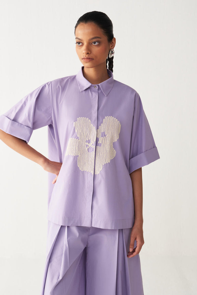 FLORAL EMB. SHIRT-LAVENDER poplin by THREE for women in Singapore
