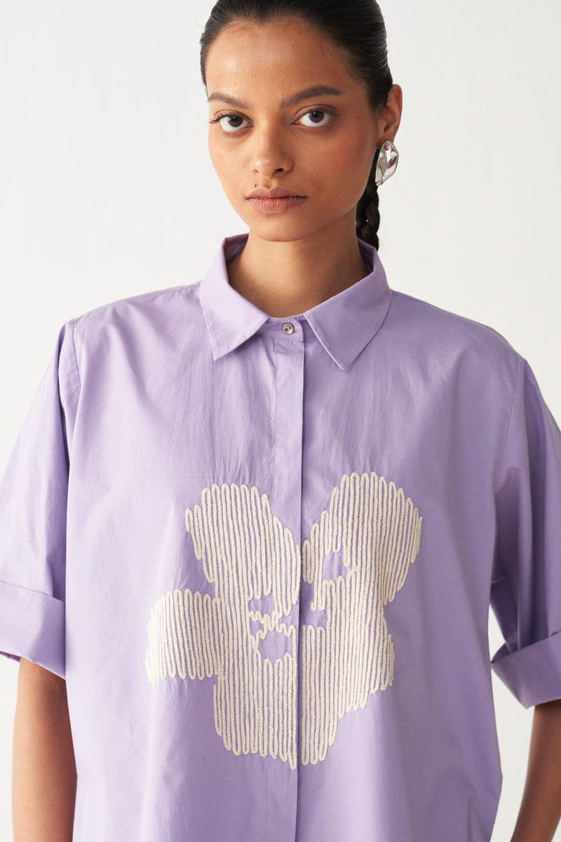 FLORAL EMB. SHIRT-LAVENDER poplin by THREE for women in Singapore