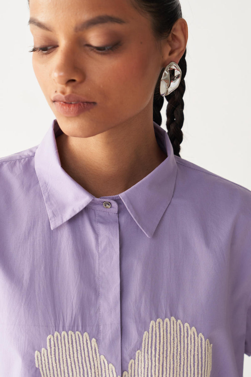 FLORAL EMB. SHIRT-LAVENDER poplin by THREE for women in Singapore