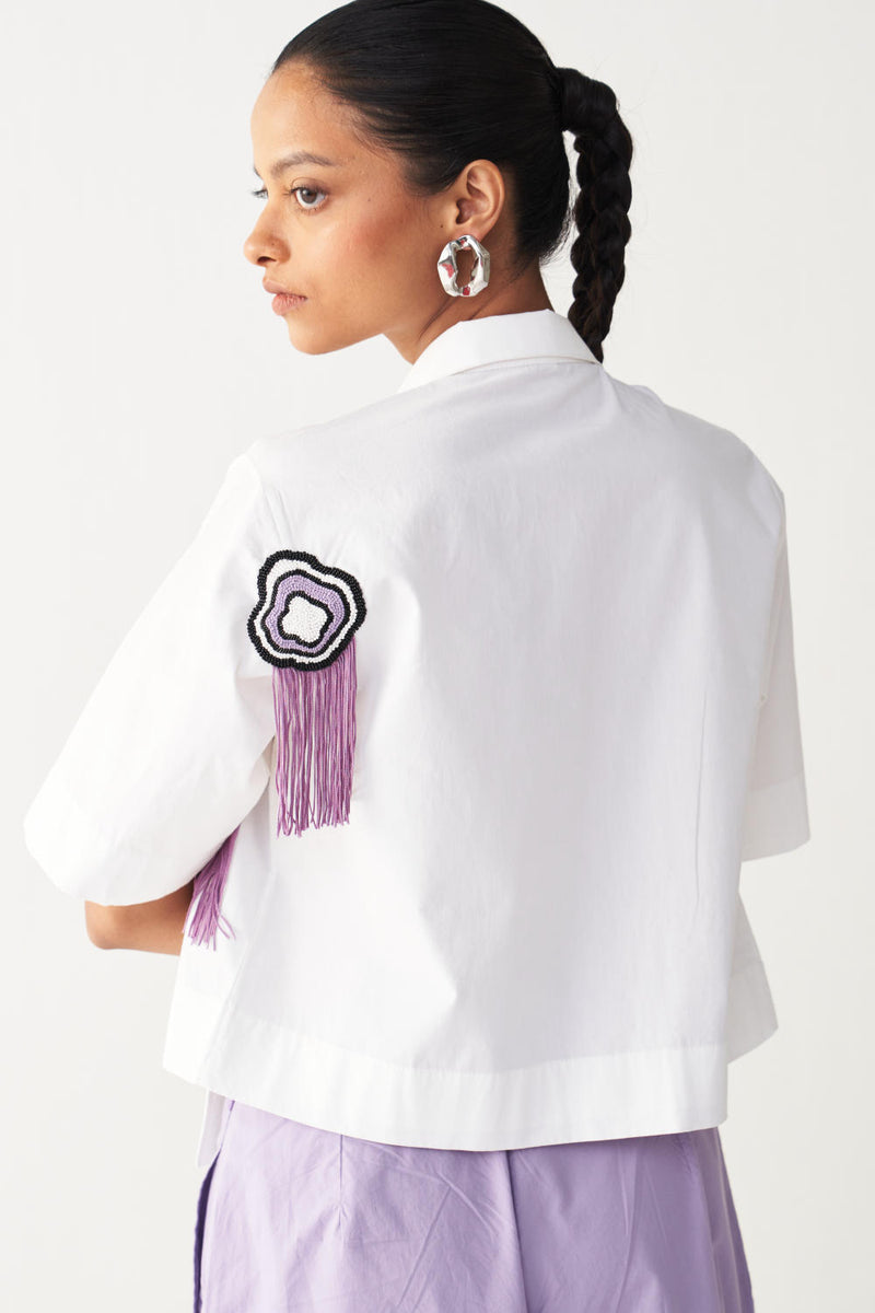 BEADED CROP FRINGE TOP-WHITE poplin by THREE in white color for women in Singapore