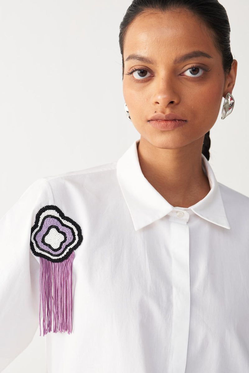 BEADED CROP FRINGE TOP-WHITE poplin by THREE in white color for women in Singapore