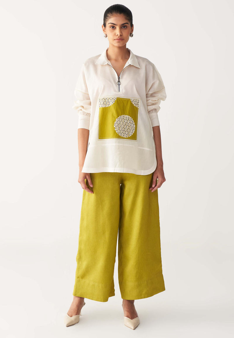 EMB. PATCH U HEM TOP -IVORY chanderi by THREE in ivory color for women in Singapore