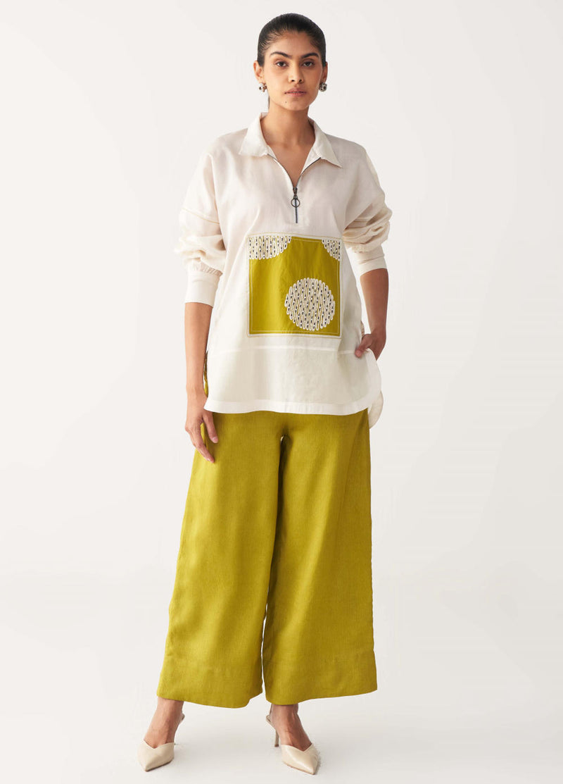 EMB. PATCH U HEM TOP CO-ORD-IVORY & LIME chanderi by THREE for women in Singapore
