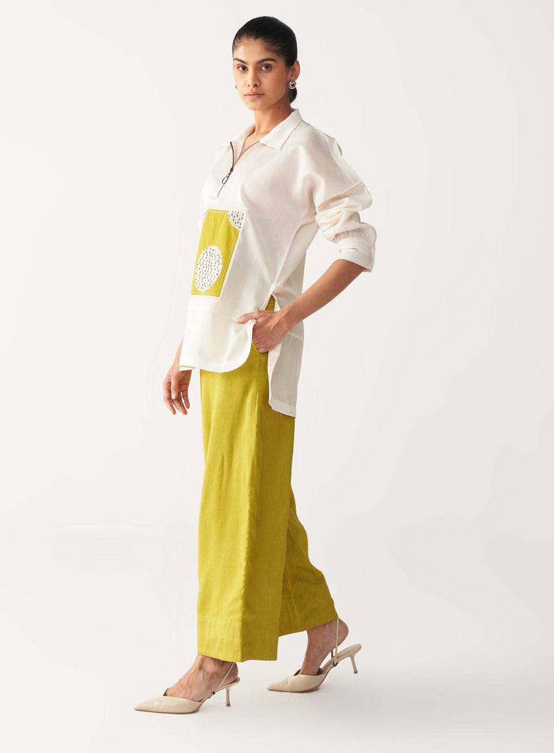 EMB. PATCH U HEM TOP -IVORY chanderi by THREE in ivory color for women in Singapore