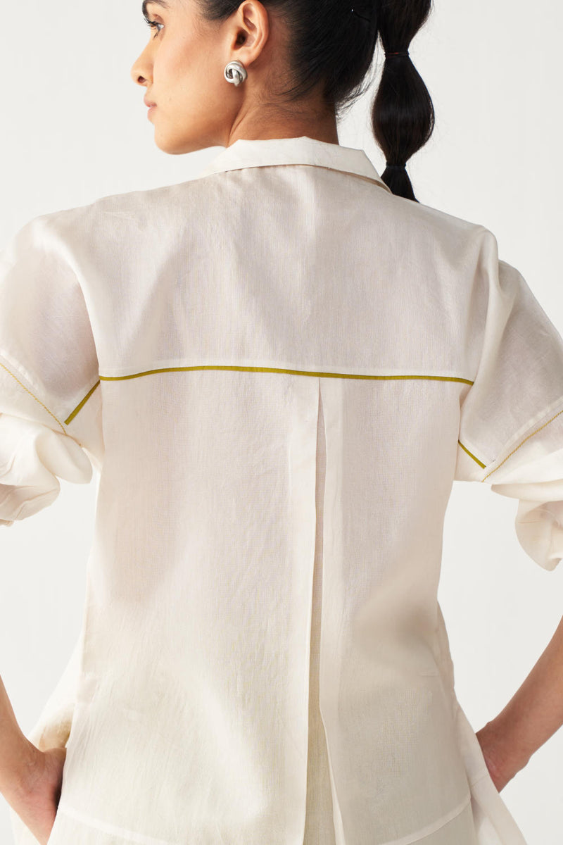 EMB. PATCH U HEM TOP -IVORY chanderi by THREE in ivory color for women in Singapore