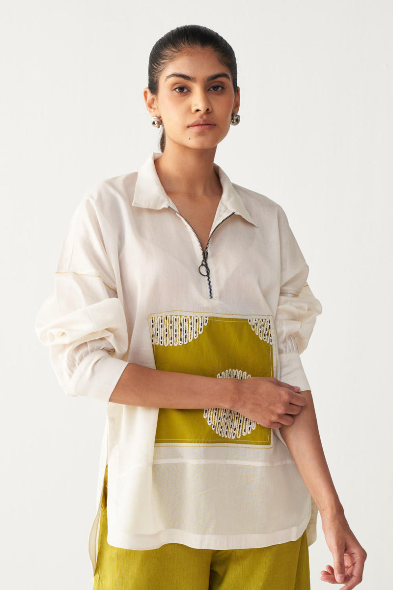 EMB. PATCH U HEM TOP -IVORY chanderi by THREE in ivory color for women in Singapore