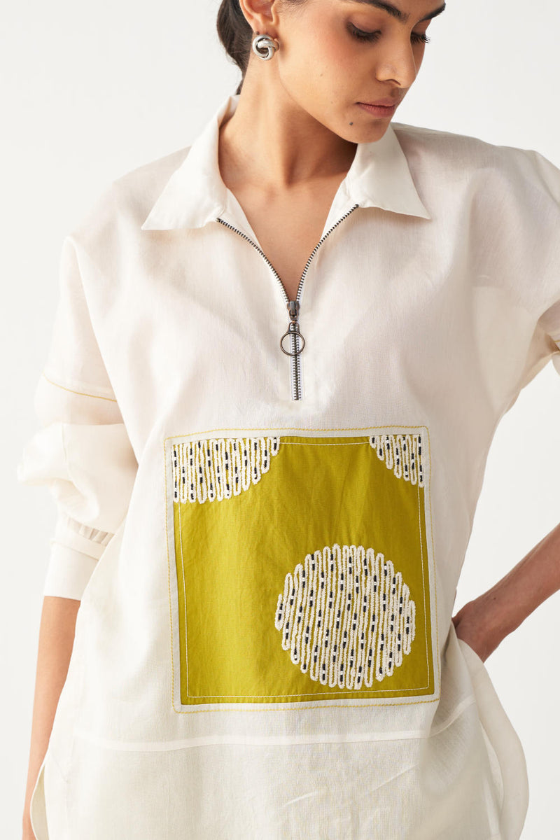 EMB. PATCH U HEM TOP -IVORY chanderi by THREE in ivory color for women in Singapore
