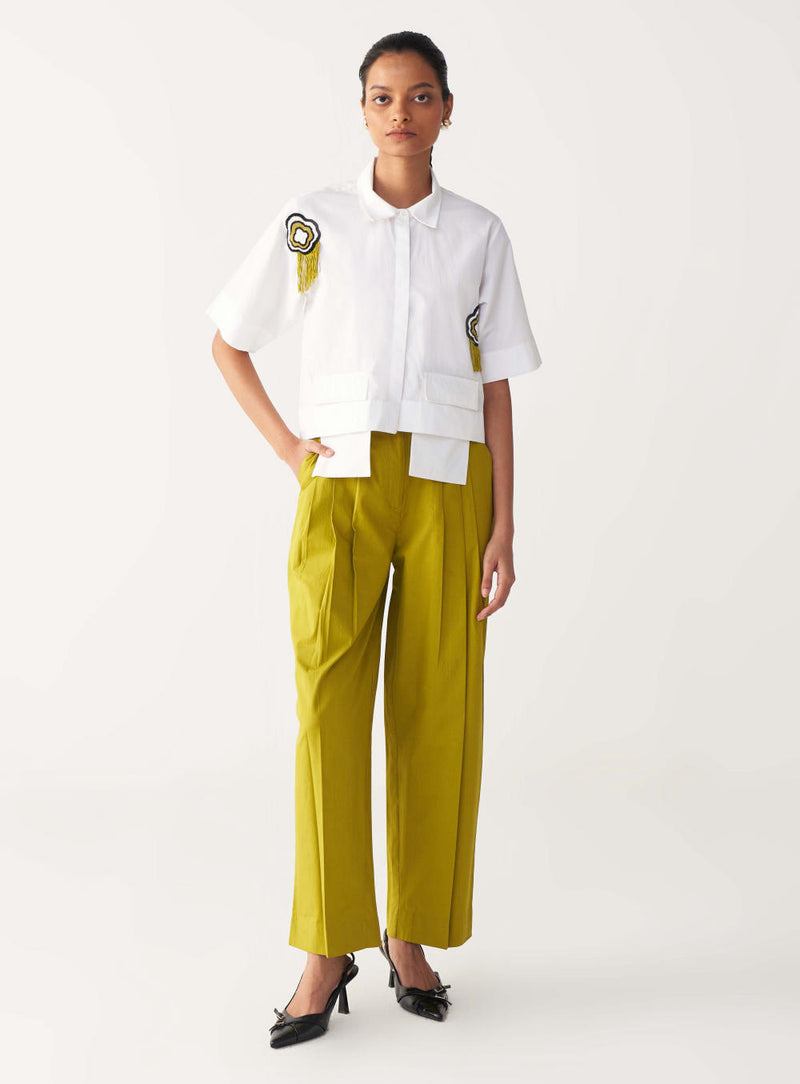 BEADED CROP FRINGE TOP CO-ORD-IVORY & LIME poplin by THREE for women in Singapore
