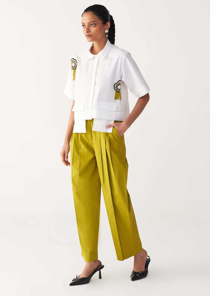 BEADED CROP FRINGE TOP CO-ORD-IVORY & LIME poplin by THREE for women in Singapore